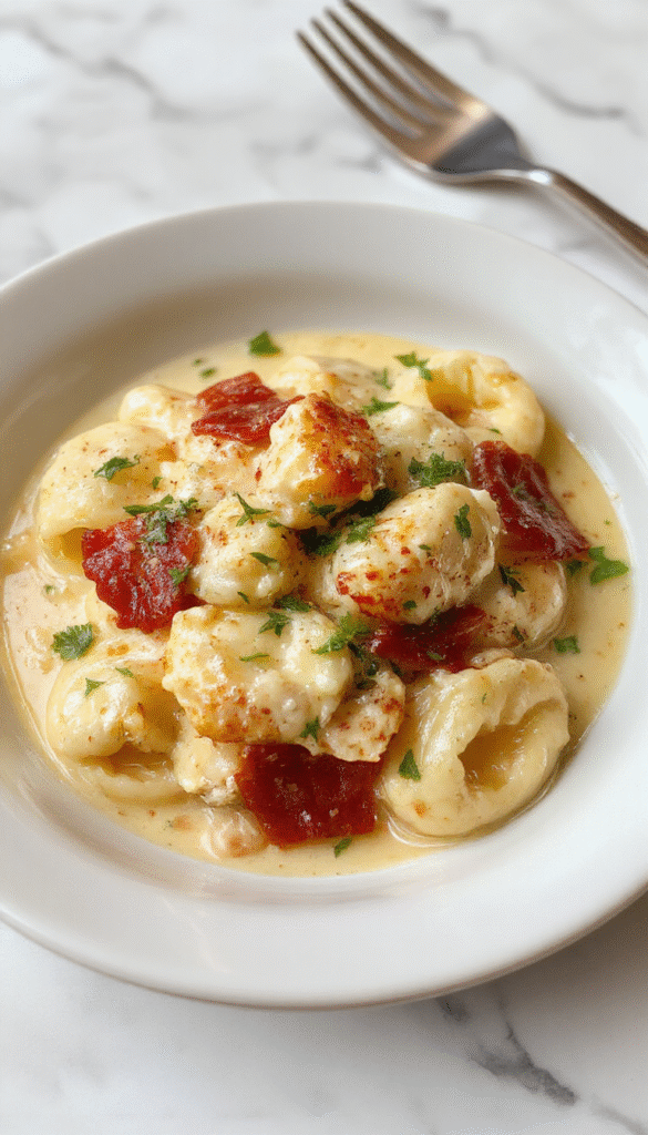 A close-up of a white plate showcasing a creamy chicken tortellini dish garnished with fresh herbs, melted cheese, and a rich, glossy sauce, with steam rising and vibrant green garnish accents