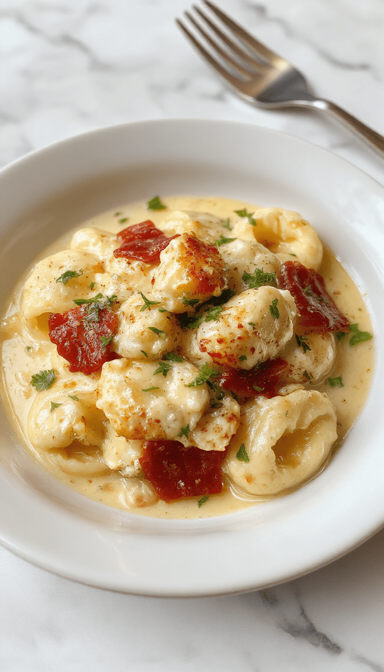 A close-up of a white plate showcasing a creamy chicken tortellini dish garnished with fresh herbs, melted cheese, and a rich, glossy sauce, with steam rising and vibrant green garnish accents