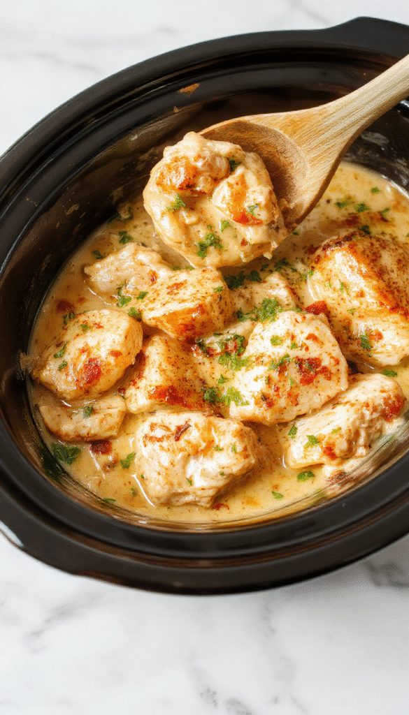 A creamy, golden-brown Chicken Marry Me dish served in a white bowl, garnished with fresh parsley, with a silky sauce coating tender chicken breasts, set against a rustic wooden background with herbs and garlic scattered around.