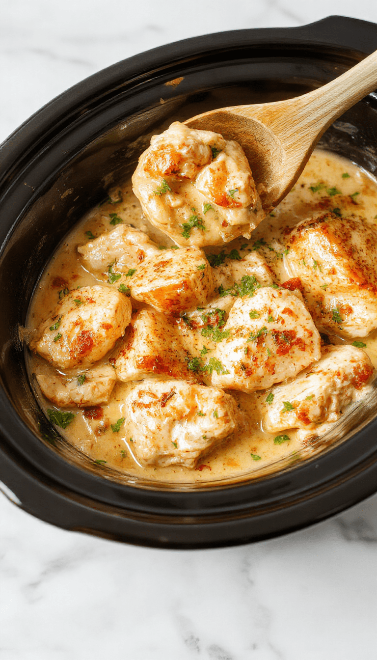 A creamy, golden-brown Chicken Marry Me dish served in a white bowl, garnished with fresh parsley, with a silky sauce coating tender chicken breasts, set against a rustic wooden background with herbs and garlic scattered around.