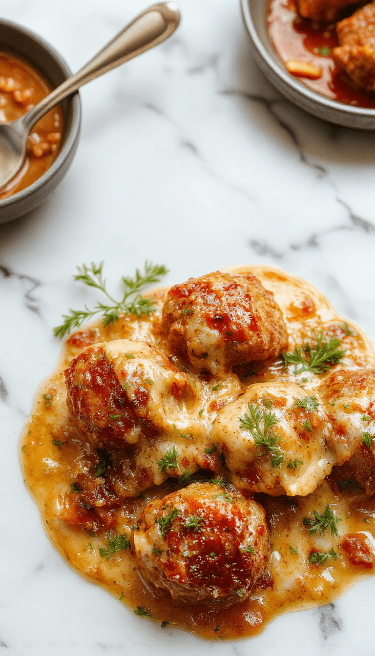 Close-up of golden-brown italian meatballs with a glossy, savory sauce on a white plate, garnished with fresh herbs, surrounded by rustic ingredients like garlic and basil, styled on a wooden table with vibrant colors and inviting textures.