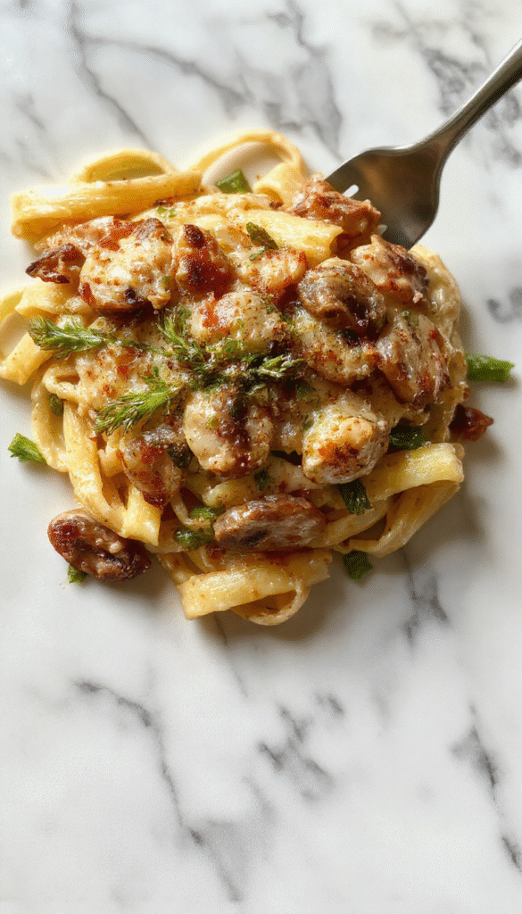 A creamy pasta dish featuring tender penne coated in a rich mushroom and asparagus sauce, garnished with fresh herbs, served on a white plate with a rustic wooden background.