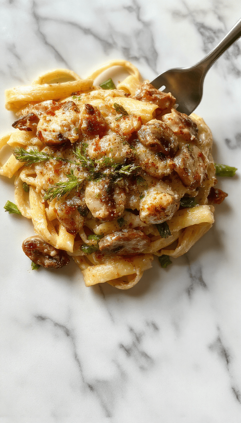 A creamy pasta dish featuring tender penne coated in a rich mushroom and asparagus sauce, garnished with fresh herbs, served on a white plate with a rustic wooden background.