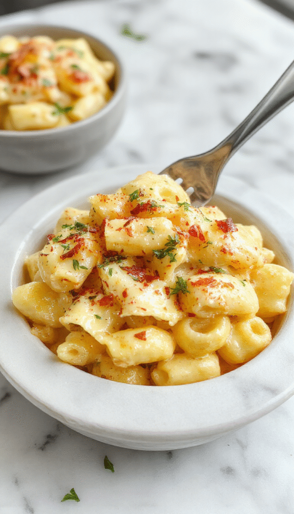 A creamy bowl of no-roux, no-egg macaroni and cheese with golden toasted breadcrumb topping, garnished with fresh parsley on a rustic wooden table.
