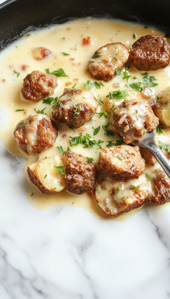 A vibrant, steaming skillet featuring golden-brown potatoes and tender slices of meat coated in a rich, creamy white sauce. The dish is garnished with fresh herbs and served on a rustic wooden table, showcasing textures from crispy potatoes to velvety sauce, styled simply for an inviting, hearty meal.