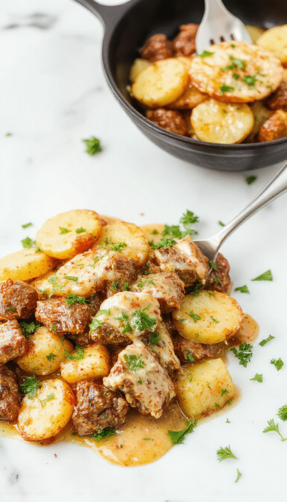 A vibrant, close-up image of a creamy meat and potato skillet on a rustic wooden table, featuring golden-brown potatoes, juicy simmered meat slices coated in a creamy sauce, garnished with fresh herbs, with a spoon beside showcasing the rich texture.