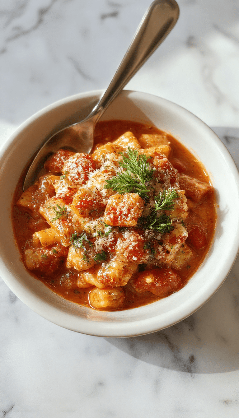 A vibrant bowl of creamy tomato pasta showcasing rich red sauce with specks of herbs, topped with fresh basil leaves, served on a rustic wooden table with a sprinkle of grated cheese, steam rising indicating warmth and freshness.
