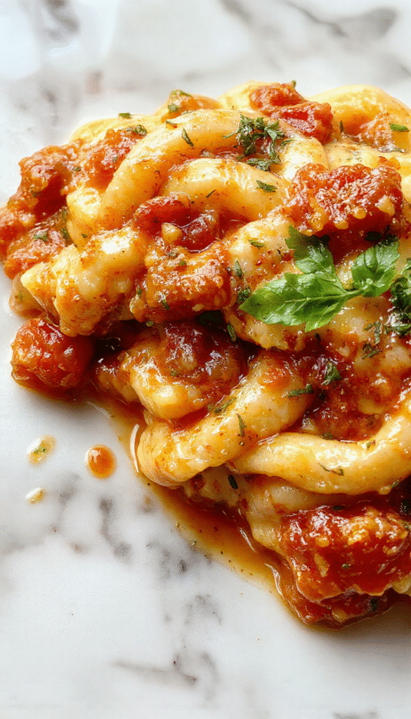 A vibrant bowl of creamy tomato pasta with a rich red sauce, garnished with fresh basil and grated cheese. The pasta is perfectly cooked, glistening with sauce, and presented on a rustic wooden table with a sprig of basil on top.