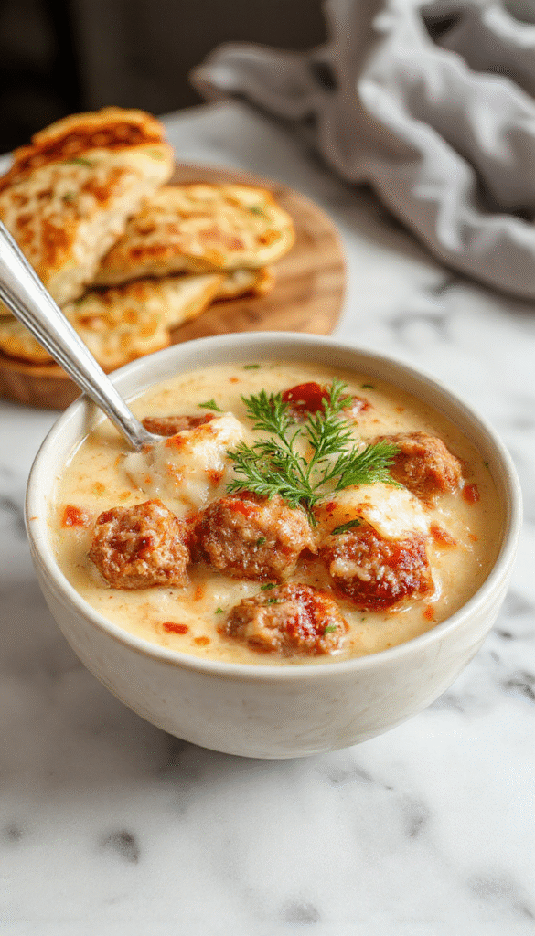 A steaming bowl of creamy Italian sausage soup with golden-brown sausage chunks, melted parmesan cheese, fresh herbs, and a drizzle of cream, garnished with parsley on a rustic wooden table, with a spoon and a crusty bread on the side.