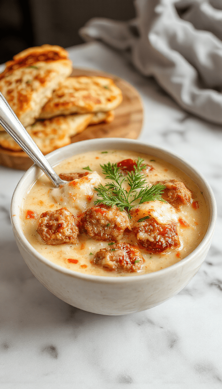 A steaming bowl of creamy Italian sausage soup with golden-brown sausage chunks, melted parmesan cheese, fresh herbs, and a drizzle of cream, garnished with parsley on a rustic wooden table, with a spoon and a crusty bread on the side.