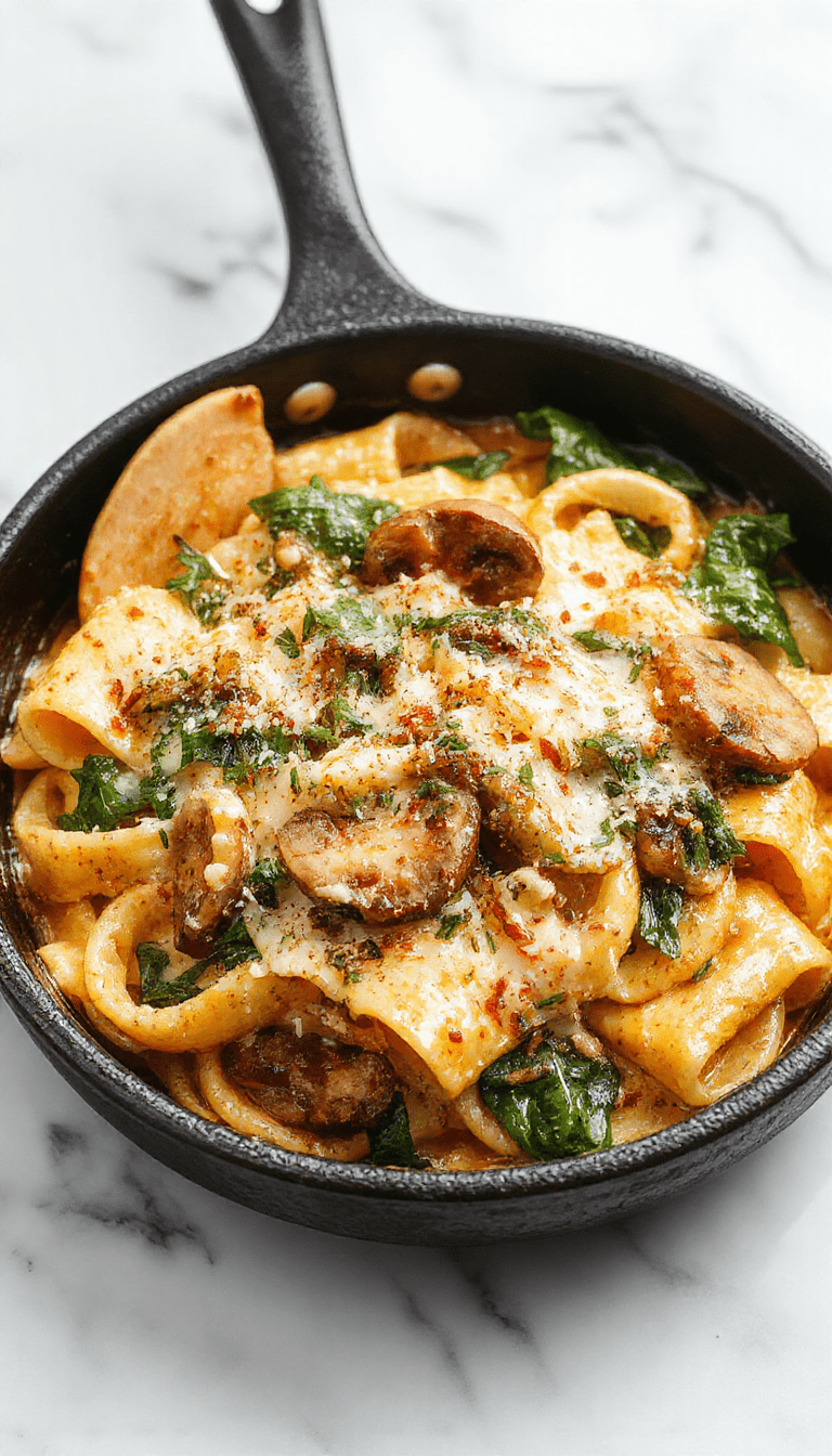 A vibrant skillet filled with creamy parmesan spinach mushroom pasta, garnished with fresh basil and grated cheese, showcasing a rich, textured sauce, with the pasta coated evenly and vegetables tender, styled with a rustic wooden surface background.