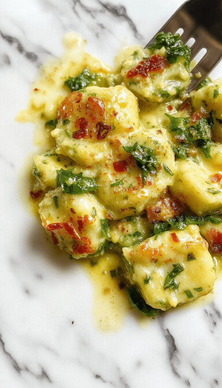 A vibrant and inviting dish with golden crispy edges of baked gnocchi topped with fresh green spinach and swirls of bright green pesto sauce, garnished with grated cheese and basil leaves, presented on a rustic wooden platter with a spoonful served on a white plate.