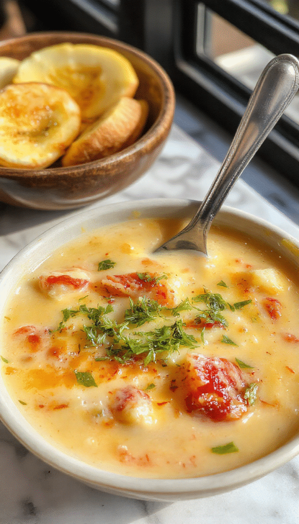 A steaming bowl of creamy Reuben soup with melted Swiss cheese, corned beef, and tangy sauerkraut garnished with fresh herbs, served in a rustic white bowl on a wooden table