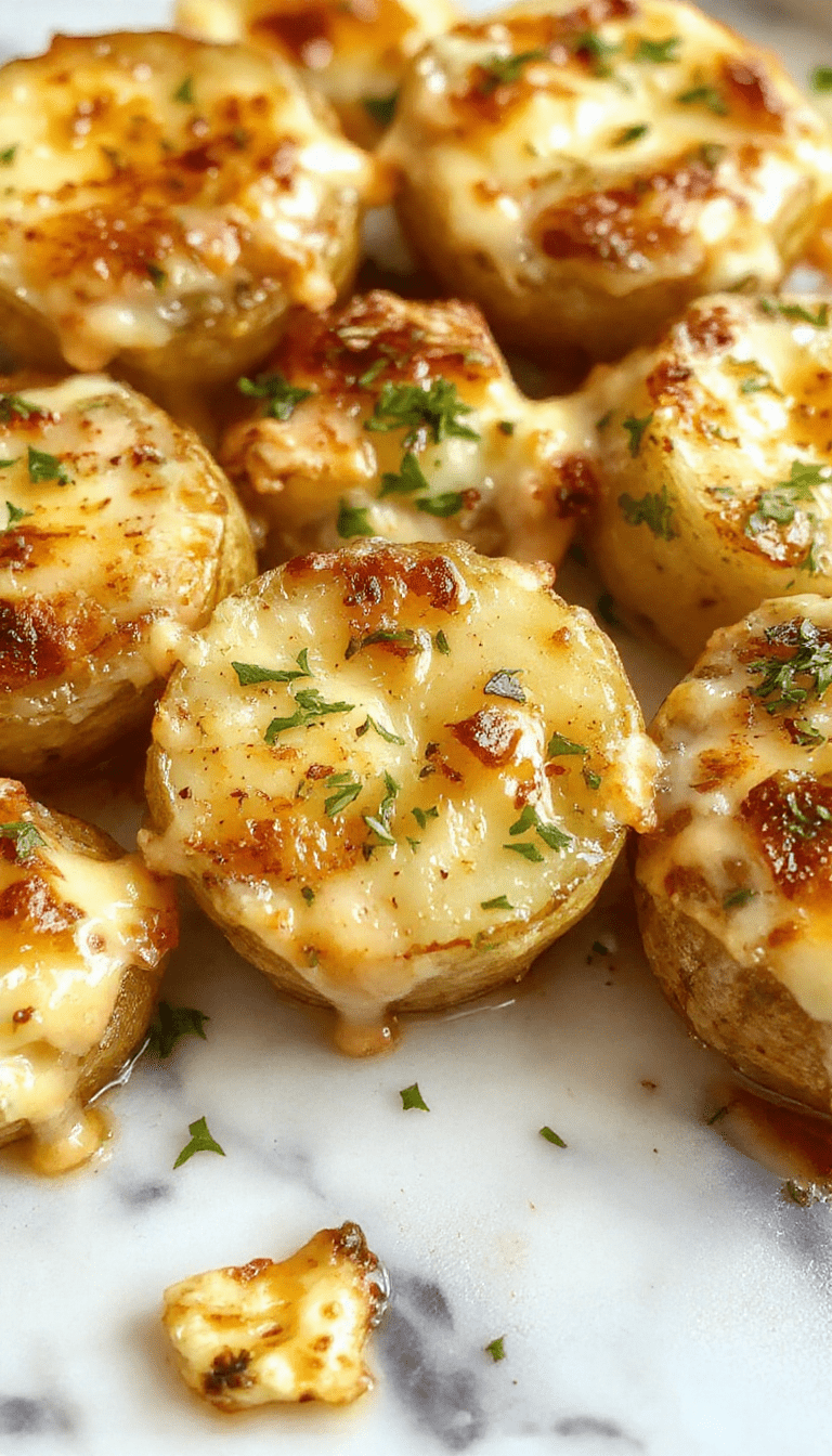 A creamy golden-brown potatoes au gratin dish topped with thinly sliced roasted garlic cloves, melted cheese with bubbling edges, and a sprinkle of fresh herbs on a rustic white plate, styled with a wooden background and fresh herbs nearby