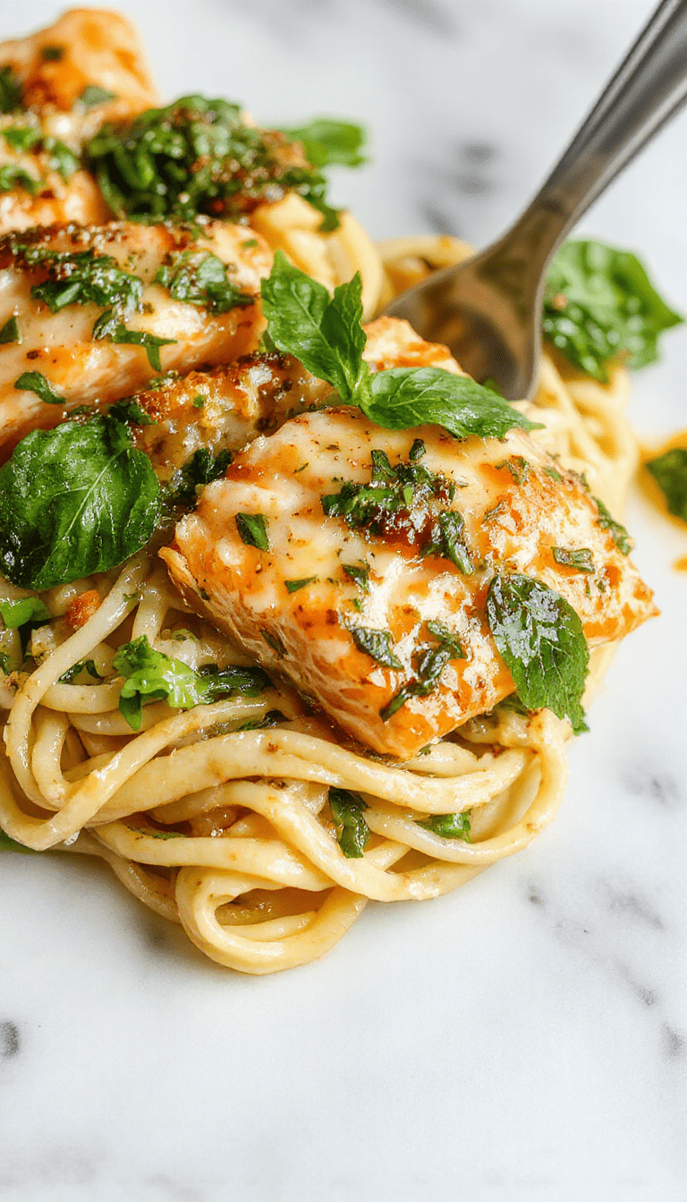A vibrant plate of creamy salmon spinach pasta showcasing tender flakes of salmon, fresh bright green spinach, and perfectly cooked al dente pasta coated in a rich, creamy white sauce, garnished with sprinkled herbs and a lemon wedge, styled on a rustic white plate with a wooden table background