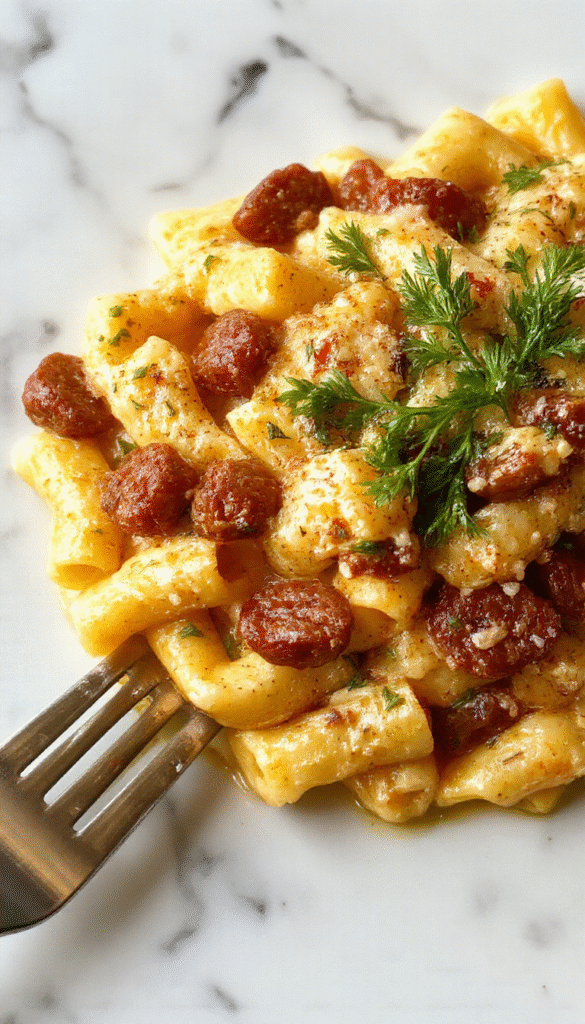 A close-up of a creamy sausage rigatoni served in a rustic white bowl, showcasing tender rigatoni coated in a luscious sauce with browned sausage pieces, garnished with fresh herbs, with a backdrop of grated cheese and cracked black pepper on a wooden table.