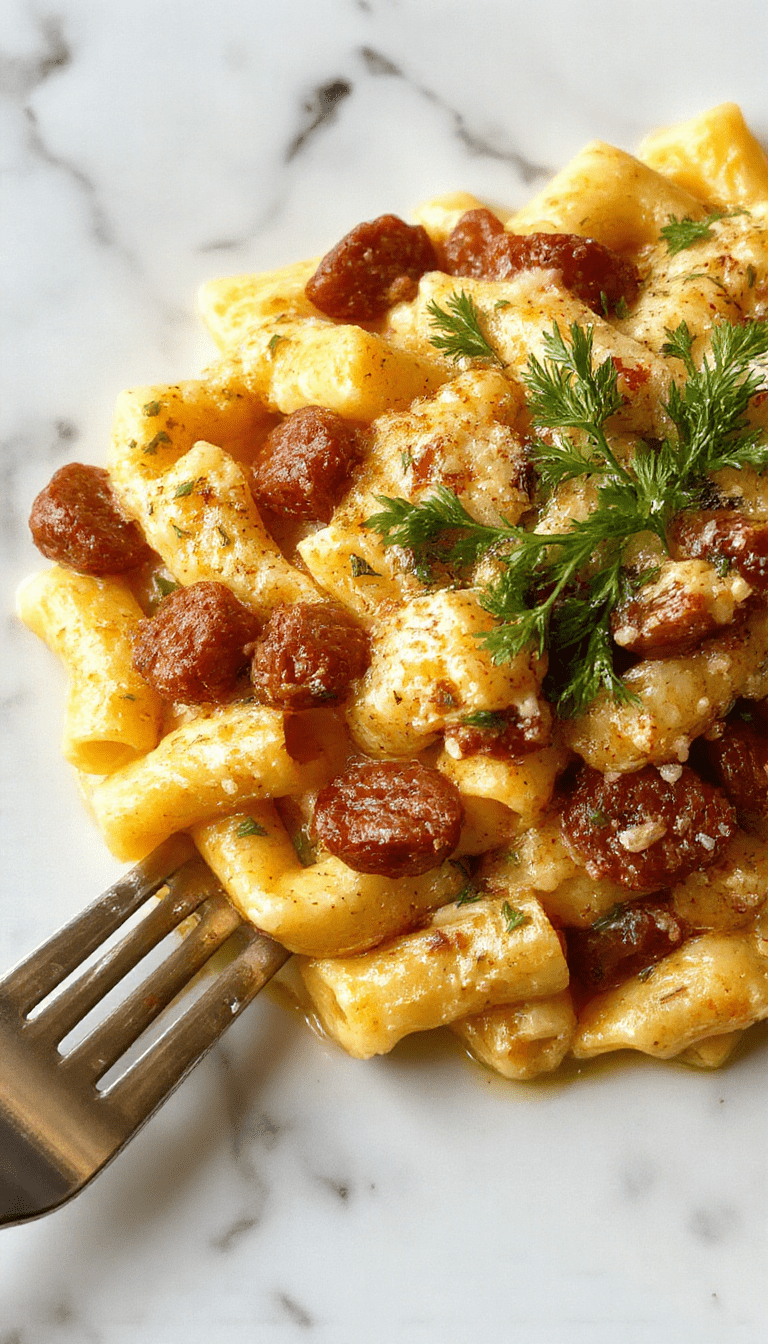 A close-up of a creamy sausage rigatoni served in a rustic white bowl, showcasing tender rigatoni coated in a luscious sauce with browned sausage pieces, garnished with fresh herbs, with a backdrop of grated cheese and cracked black pepper on a wooden table.