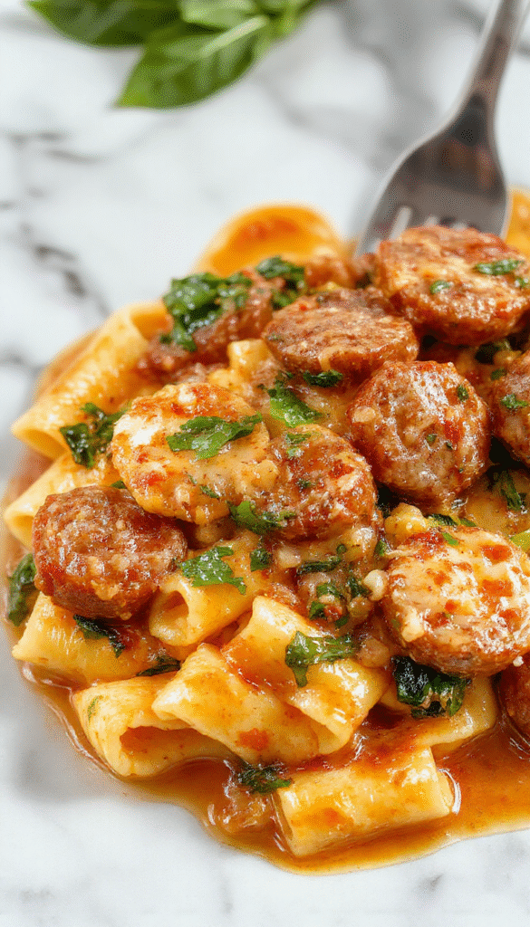 A vibrant plate of creamy sausage rigatoni featuring golden-brown sausage slices, fresh spinach leaves, and aromatic garlic nestled in a rich, velvety tomato cream sauce. The dish is garnished with freshly chopped herbs, served on a rustic white plate with a side of crusty bread, and styled with a drizzle of extra sauce for an inviting look.