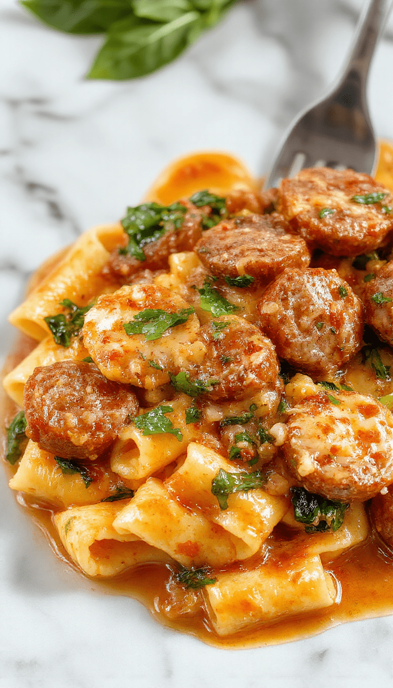 A vibrant plate of creamy sausage rigatoni featuring golden-brown sausage slices, fresh spinach leaves, and aromatic garlic nestled in a rich, velvety tomato cream sauce. The dish is garnished with freshly chopped herbs, served on a rustic white plate with a side of crusty bread, and styled with a drizzle of extra sauce for an inviting look.