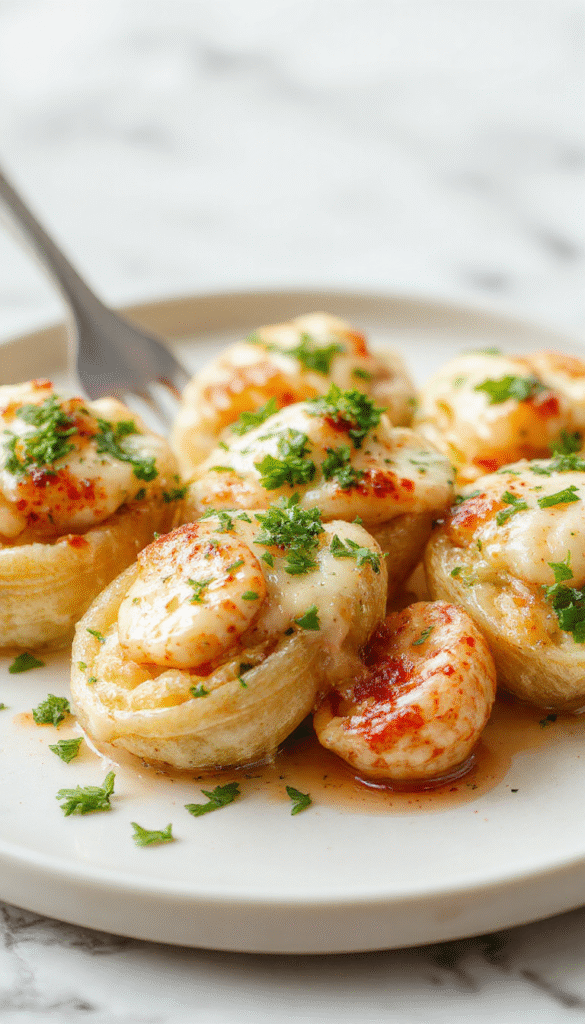 A close-up of creamy seafood stuffed shells on a white plate, topped with fresh herbs and melted cheese, with a golden brown crust and vibrant seafood filling visible inside the shells, set on a rustic wooden table with fresh herbs and lemon slices for garnish.