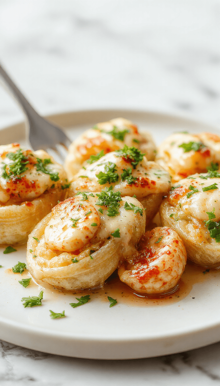 A close-up of creamy seafood stuffed shells on a white plate, topped with fresh herbs and melted cheese, with a golden brown crust and vibrant seafood filling visible inside the shells, set on a rustic wooden table with fresh herbs and lemon slices for garnish.