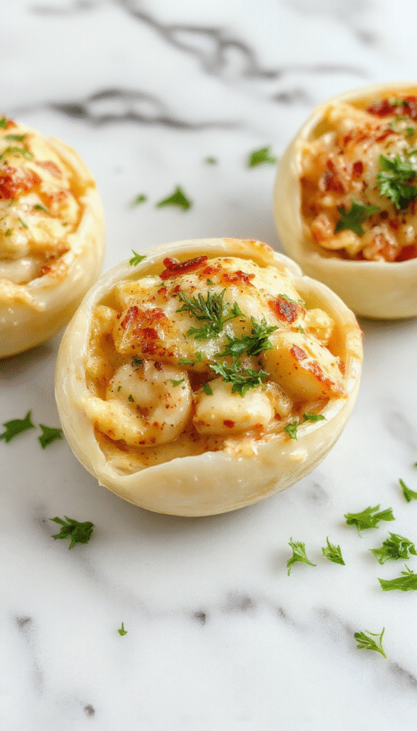 A close-up of creamy seafood stuffed pasta shells plated on a white dish, topped with melted cheese and garnished with fresh parsley, showcasing a rich and savory texture with hints of pink and golden brown from the seafood and cheese.