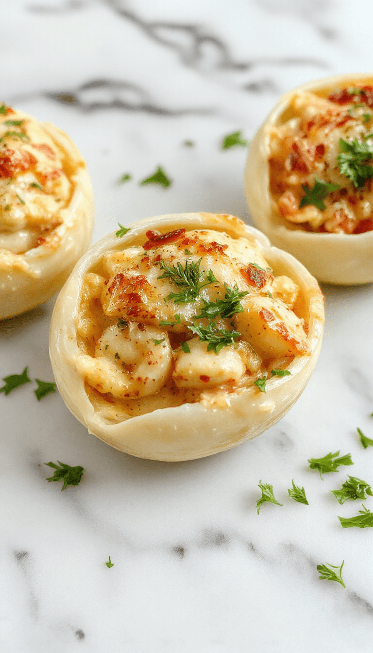 A close-up of creamy seafood stuffed pasta shells plated on a white dish, topped with melted cheese and garnished with fresh parsley, showcasing a rich and savory texture with hints of pink and golden brown from the seafood and cheese.