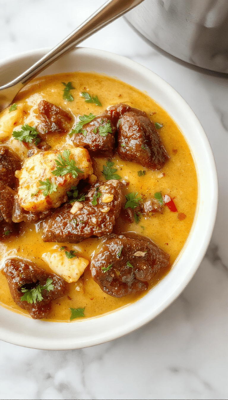 A vibrant bowl of beef coconut curry garnished with fresh cilantro, served alongside white rice. The rich, creamy sauce has a golden-brown hue with tender beef chunks, decorated with red chili flakes and lime wedges, set on a rustic wooden table with chutney and fresh herbs.
