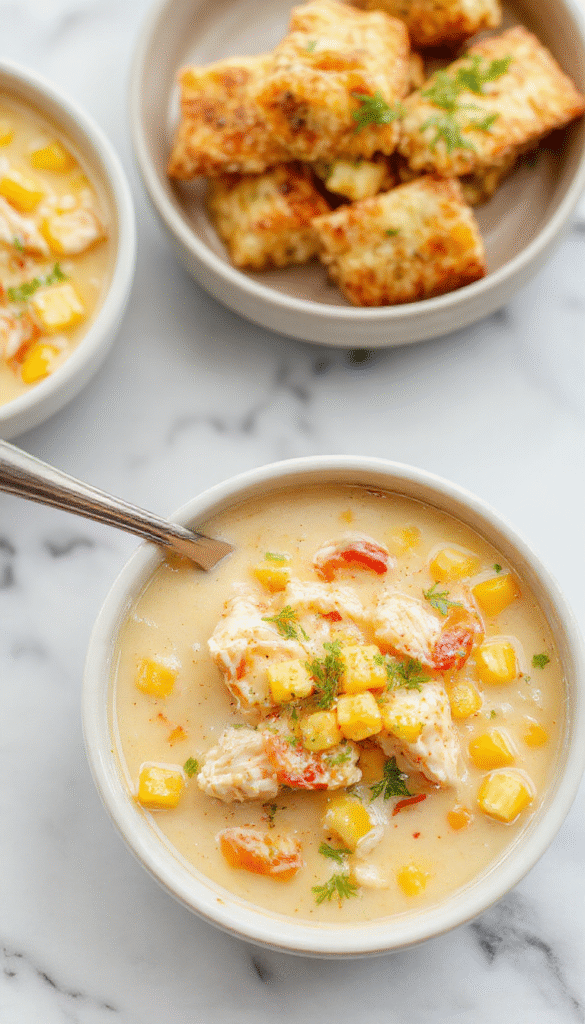 A vibrant bowl of creamy chicken corn chowder garnished with fresh herbs, with chunks of tender chicken, sweet corn kernels, and a rich, velvety texture topped with a sprig of parsley, served on a rustic wooden table with a spoon, steam rising, evoking warmth and comfort.