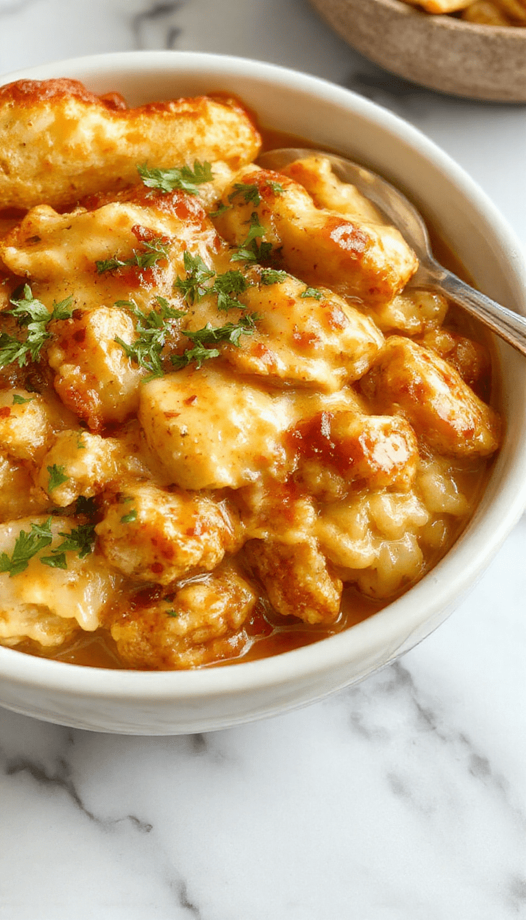 A vibrant plate featuring tender shredded chicken smothered in a rich creamy sauce, served atop fluffy rice with a sprinkle of fresh herbs, all presented on a rustic wooden table with a creamy, saucy consistency visible on the dish.