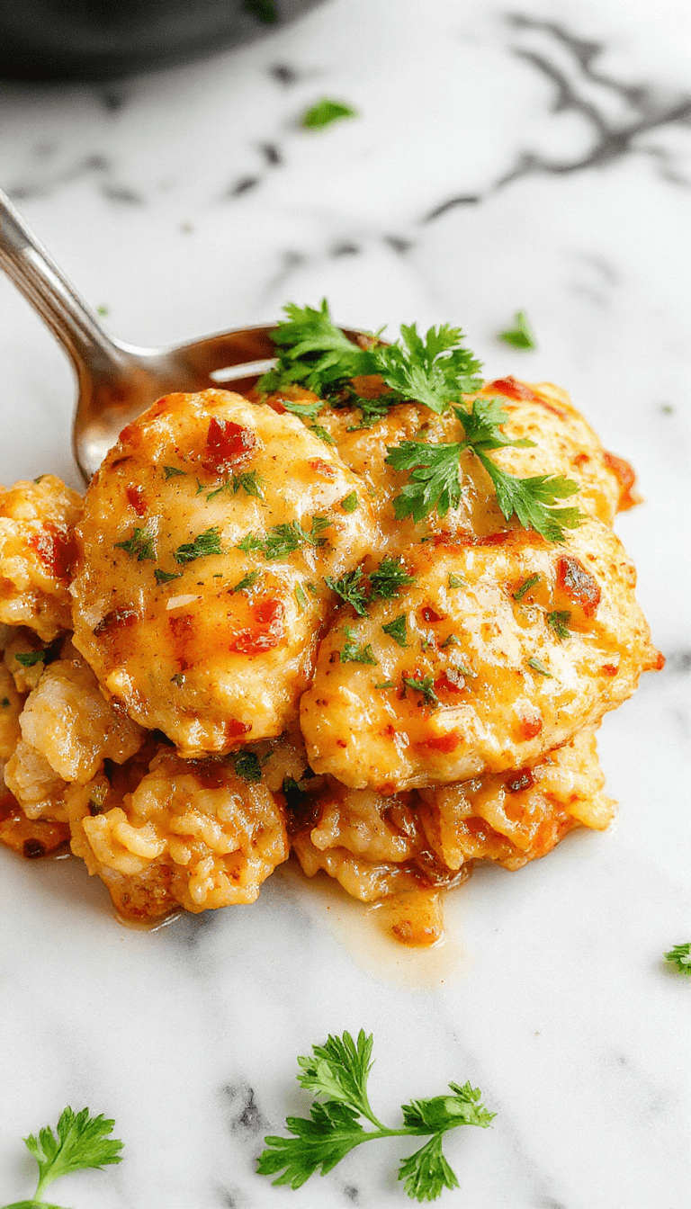 A close-up vibrant dish featuring tender shredded chicken generously coated in creamy sauce atop fluffy rice, garnished with chopped herbs and served on a rustic plate with a side of vegetables, highlighting rich textures and inviting colors.