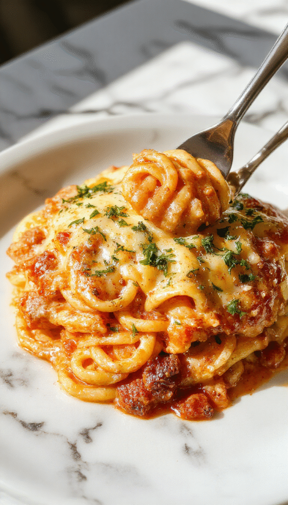 A vibrant plate of creamy southern spaghetti bake with golden melted cheese on top, garnished with fresh herbs, served alongside a rustic wooden table with a fork twirling pasta, showcasing rich textures and appetizing colors.
