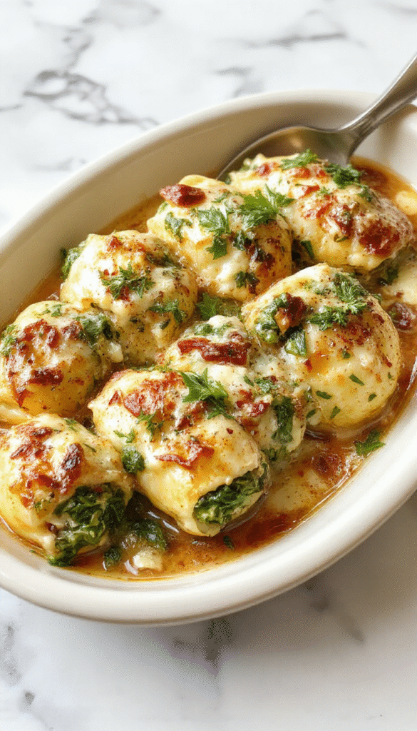 A vibrant plate of large cooked pasta shells filled with creamy spinach and ricotta cheese, topped with melted cheese and garnished with fresh basil, served on a rustic white plate with a side of cherry tomatoes and a green salad, with a blurred kitchen background.