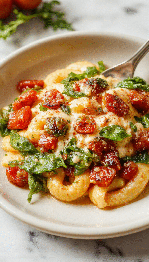 A vibrant plate of spinach tomato pasta featuring bright red cherry tomatoes, fresh green spinach leaves, and perfectly cooked al dente pasta, drizzled with olive oil and sprinkled with grated cheese, arranged elegantly on a white ceramic plate with a rustic wooden table background.