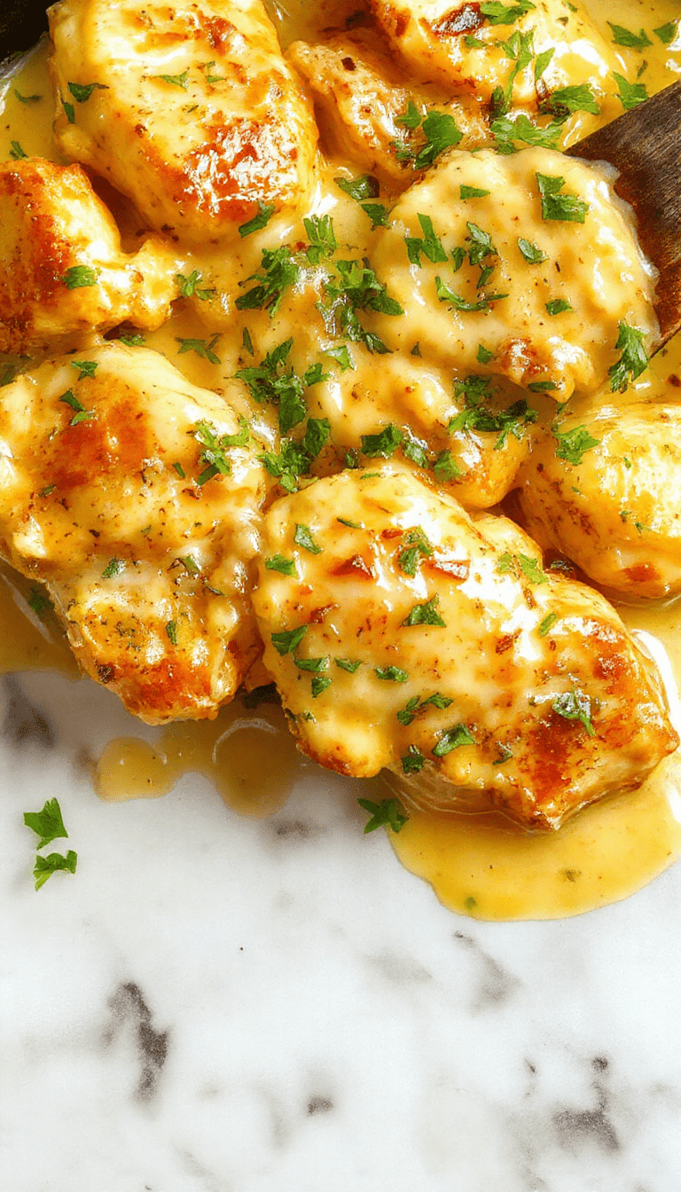 A vibrant skillet filled with golden-brown chicken chunks coated in a rich, creamy butter sauce, garnished with fresh herbs and served alongside warm bread and colorful vegetables, styled on a rustic wooden table with a cozy atmosphere.