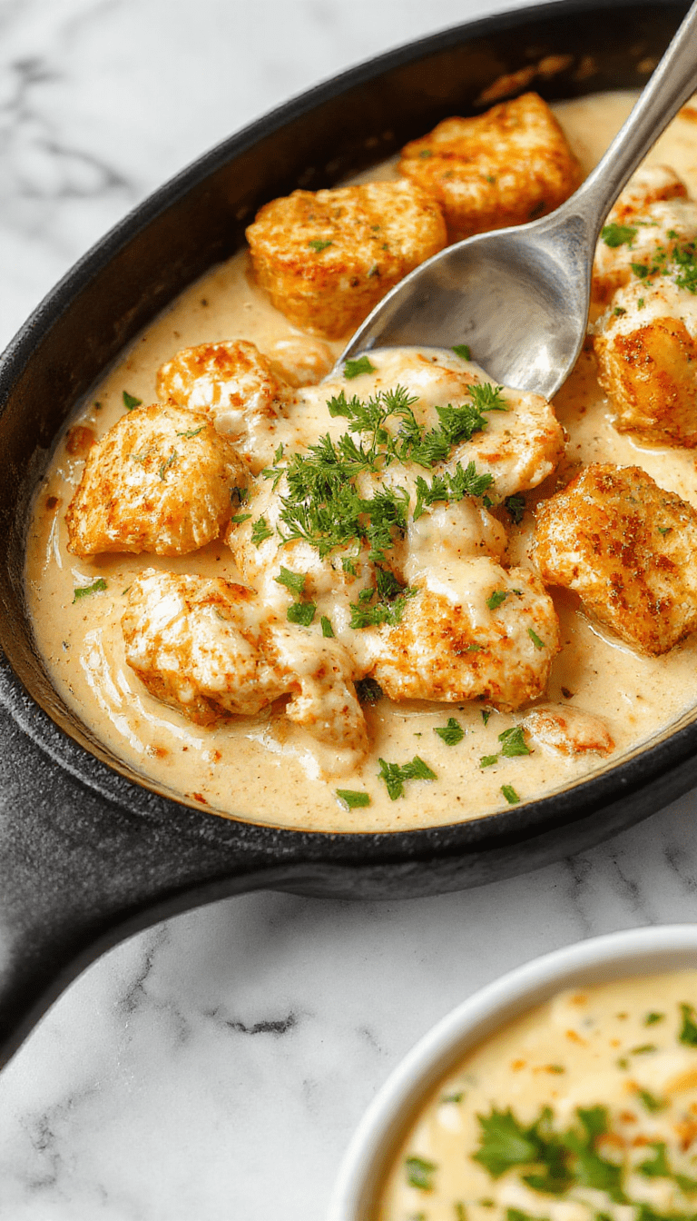 Colorful image of a sizzling skillet filled with tender chicken pieces coated in a rich, creamy butter sauce, garnished with fresh herbs and served on a rustic wooden table with a side of steamed vegetables.