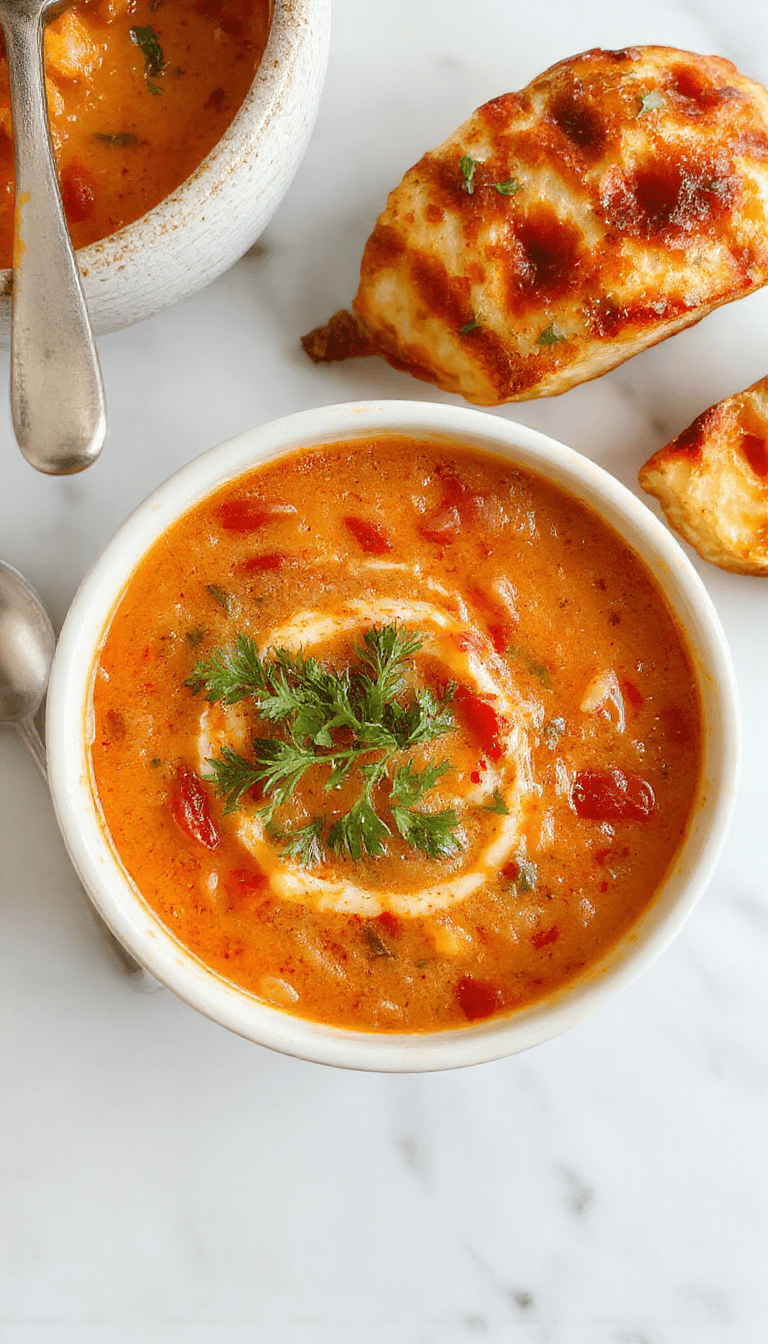 A bowl of creamy tomato soup with a vibrant red color, garnished with fresh basil leaves and a drizzle of cream. The soup is served on a rustic wooden table with a toasted bread slice on the side, steam rising to suggest warmth and freshness. The background features a cozy kitchen setting with natural light illuminating the dish.