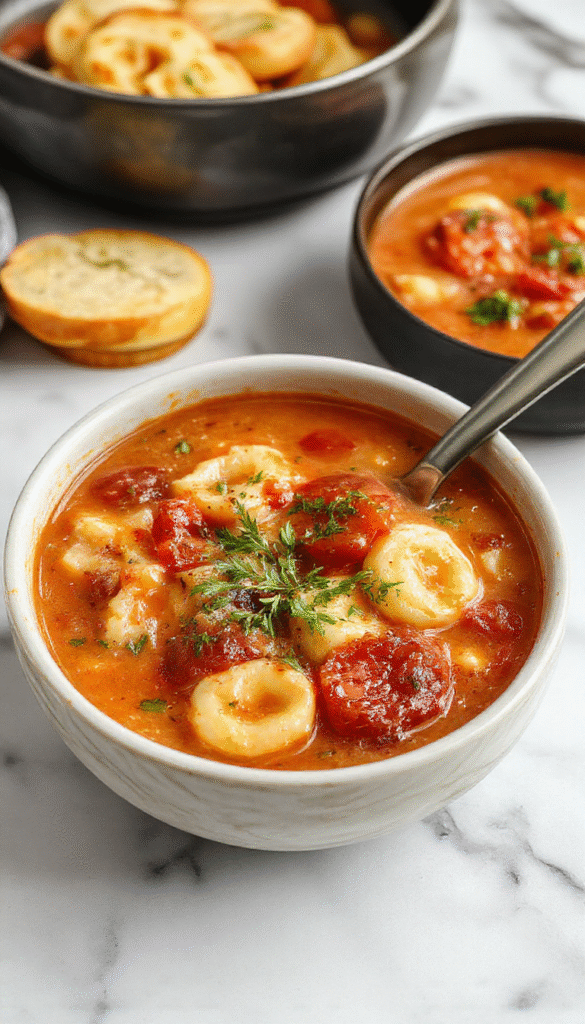 A vibrant bowl of tomato tortellini soup featuring plump tortellini pasta submerged in rich red tomato broth, garnished with fresh basil leaves, served on a rustic wooden table with a side of crusty bread, showcasing a comforting and inviting presentation with steam rising, highlighting the creamy texture and fresh ingredients.
