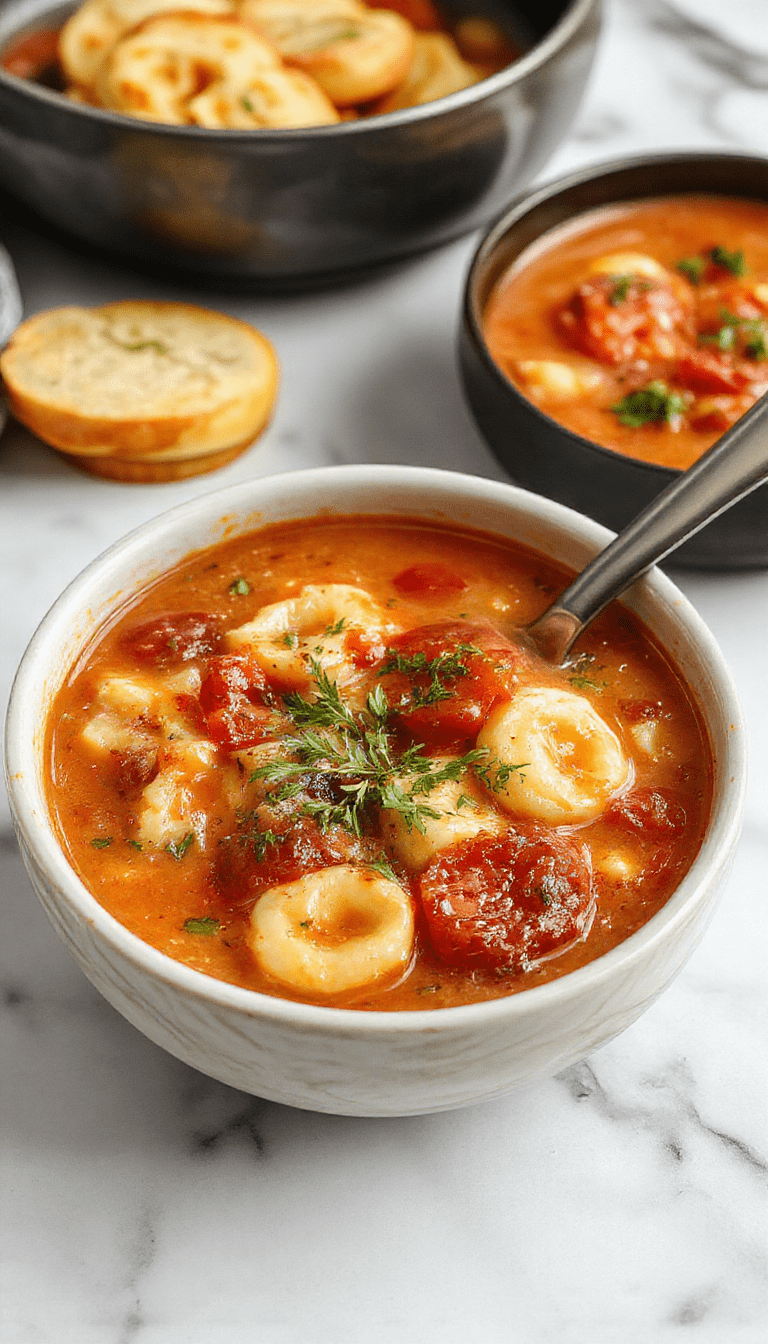 A vibrant bowl of tomato tortellini soup featuring plump tortellini pasta submerged in rich red tomato broth, garnished with fresh basil leaves, served on a rustic wooden table with a side of crusty bread, showcasing a comforting and inviting presentation with steam rising, highlighting the creamy texture and fresh ingredients.