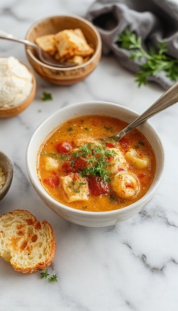 A vibrant bowl of tomato tortellini soup featuring plump tortellini, fresh cherry tomatoes, and green basil leaves, served in a rustic white bowl with a drizzle of cream, on a wooden table with a silver spoon and a sprig of basil.