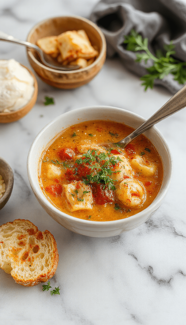 A vibrant bowl of tomato tortellini soup featuring plump tortellini, fresh cherry tomatoes, and green basil leaves, served in a rustic white bowl with a drizzle of cream, on a wooden table with a silver spoon and a sprig of basil.