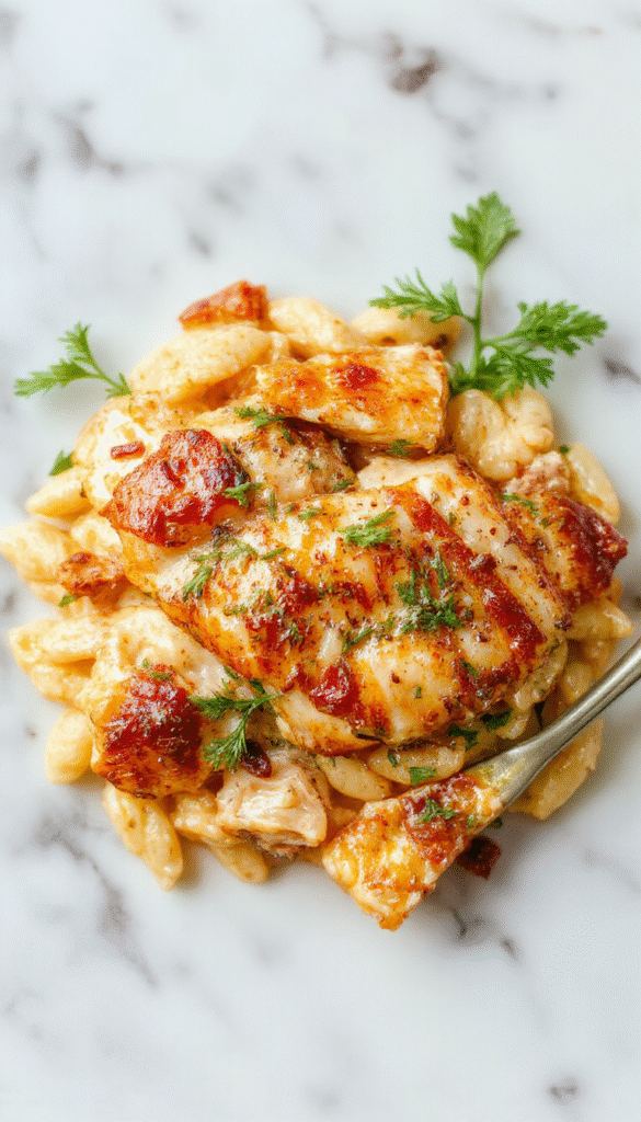 Colorful pasta dish featuring golden-brown baked chicken pieces atop a bed of creamy orzo with sun-dried tomatoes, spinach, and melted cheese, all garnished with fresh herbs, styled on a rustic wooden table