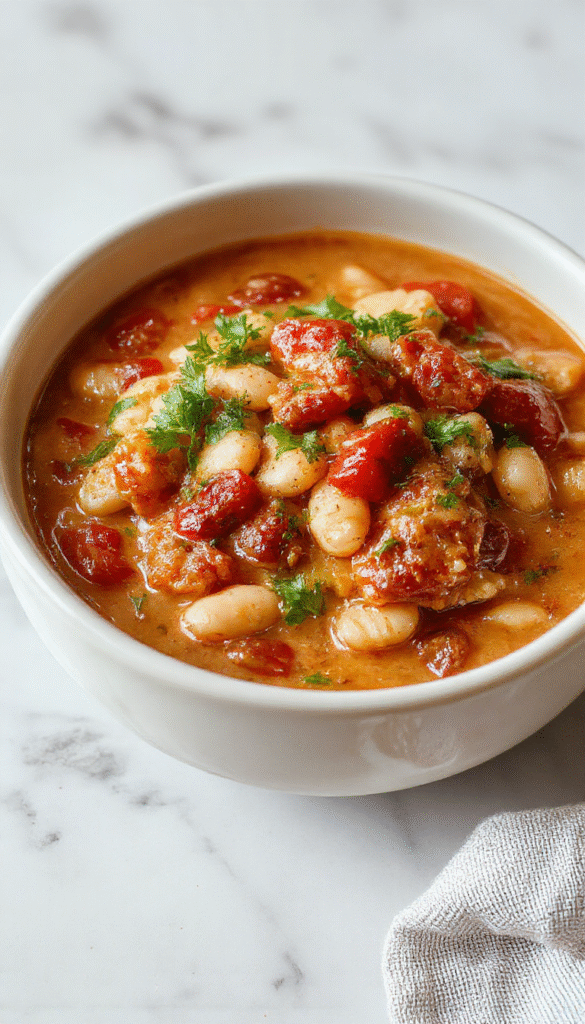 A vibrant bowl of creamy vegan tomato white bean stew with chunks of tomato, white beans, and green herbs garnished with fresh basil, served in a white ceramic bowl on a rustic wooden table with a spoon and bread on the side. The rich red sauce and creamy texture are prominent, with a garnish of chopped herbs adding a fresh touch.