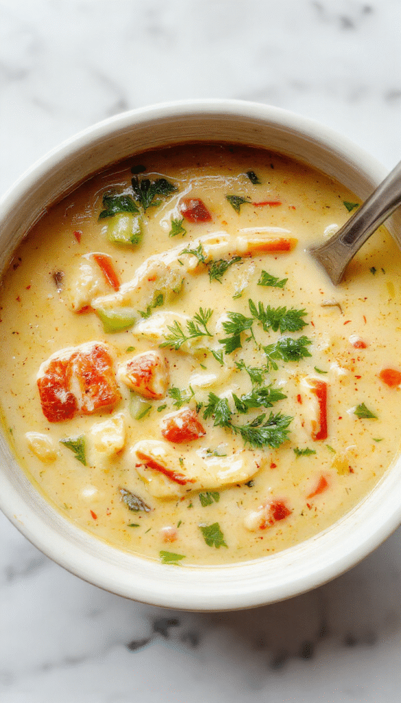 A vibrant bowl of creamy vegan vegetable soup featuring a variety of colorful vegetables like carrots, celery, and spinach, topped with a drizzle of plant-based cream. The soup is elegantly plated in a white bowl with a rustic wooden background and fresh herbs garnishing the top, showcasing a rich, smooth texture and inviting colors.