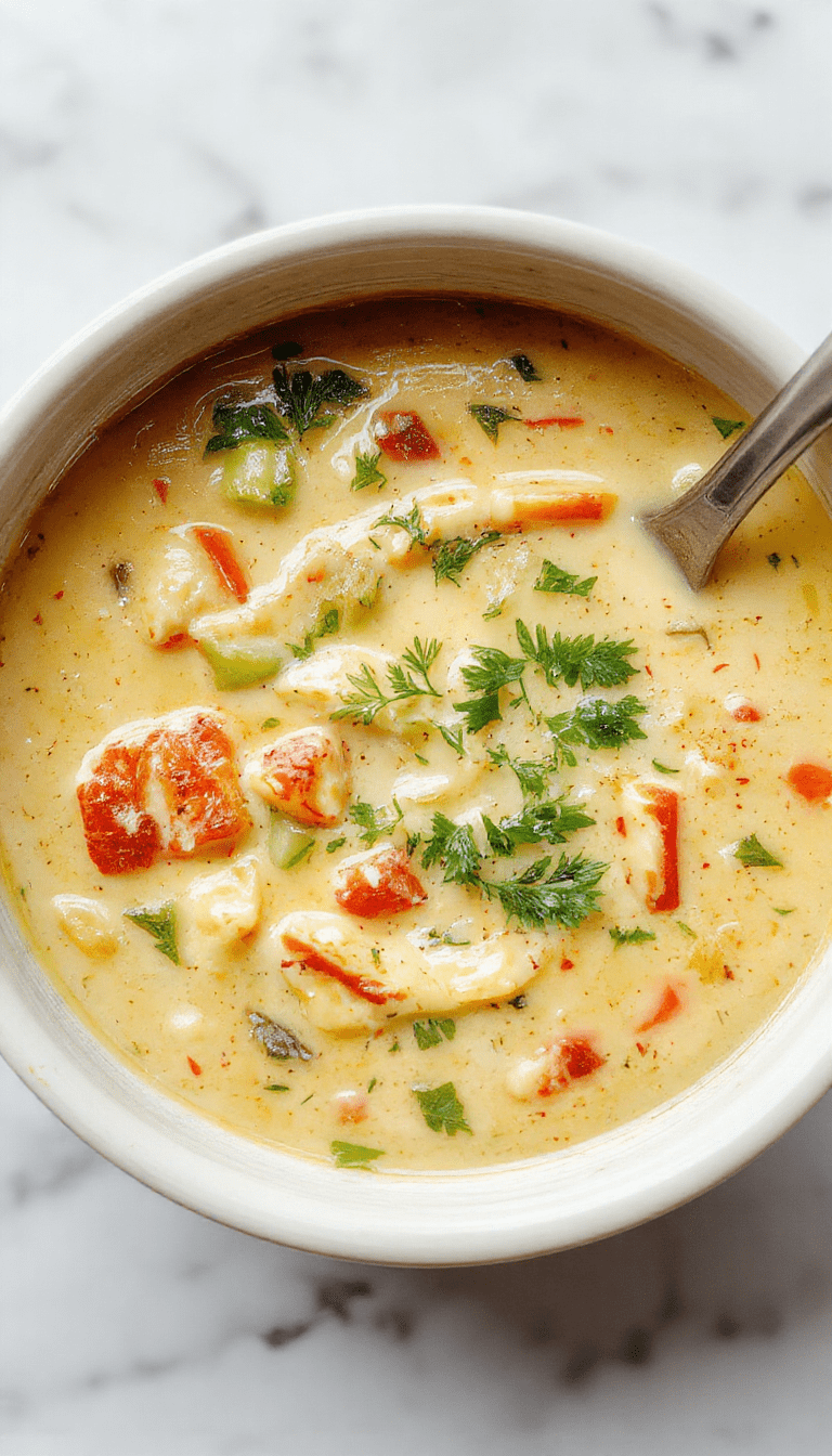 A vibrant bowl of creamy vegan vegetable soup featuring a variety of colorful vegetables like carrots, celery, and spinach, topped with a drizzle of plant-based cream. The soup is elegantly plated in a white bowl with a rustic wooden background and fresh herbs garnishing the top, showcasing a rich, smooth texture and inviting colors.