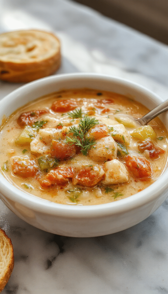 A vibrant bowl of creamy vegetable soup showcasing colorful diced carrots, celery, and peas in a rich, smooth, light-colored broth, garnished with fresh herbs, served in a rustic white bowl on a wooden table, with a spoon beside it.