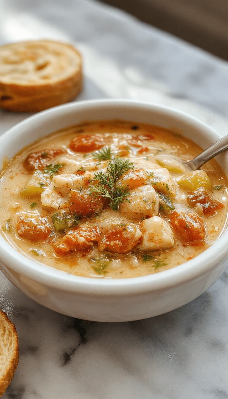 A vibrant bowl of creamy vegetable soup showcasing colorful diced carrots, celery, and peas in a rich, smooth, light-colored broth, garnished with fresh herbs, served in a rustic white bowl on a wooden table, with a spoon beside it.