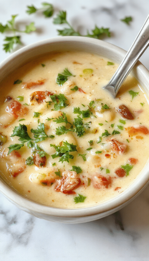A vibrant bowl of creamy white bean soup garnished with chopped fresh herbs and drizzled with olive oil, placed on a rustic wooden table with fresh bread on the side, showcasing smooth textures and colorful ingredients.