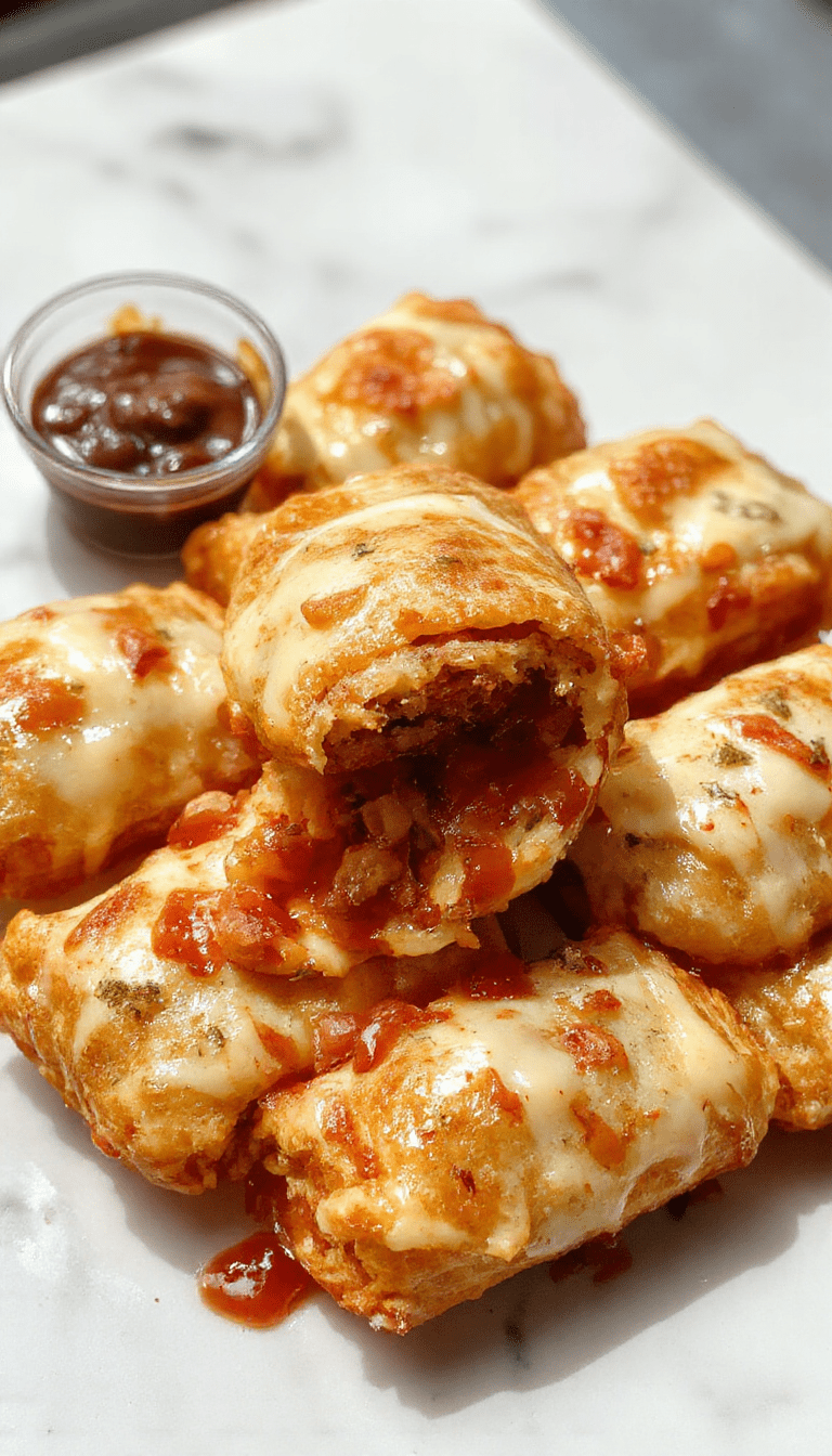 Golden brown crispy air fryer pizza rolls arranged on a white plate with a side of marinara sauce, showing the gooey cheese and savory filling inside, with a textured air fryer basket background and fresh herbs garnish.