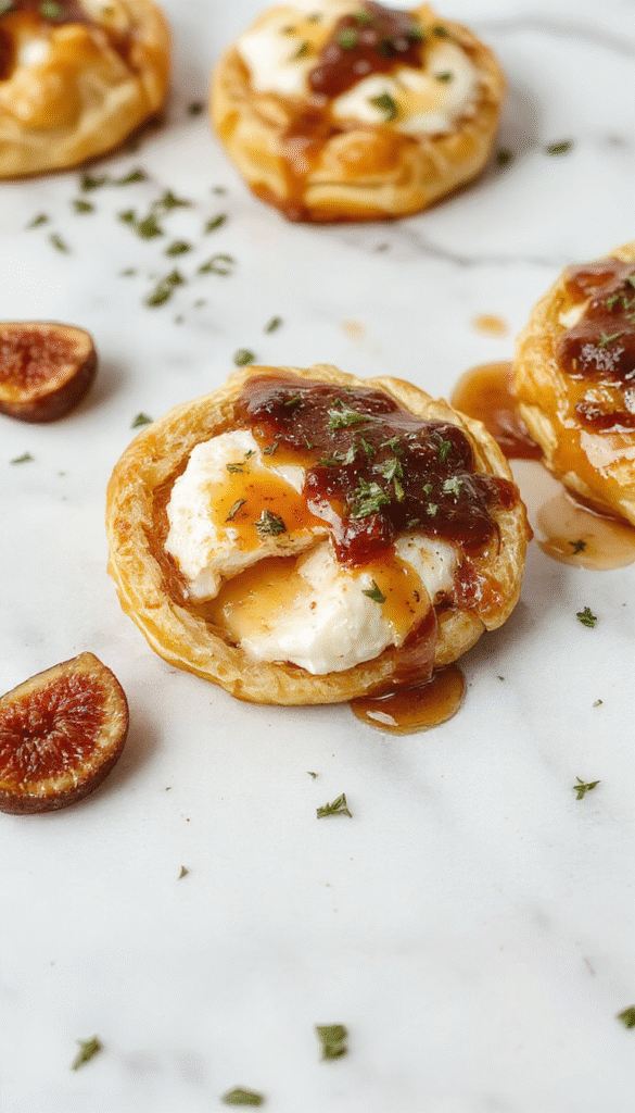 A golden-brown puff pastry envelope contains melting creamy brie cheese topped with a drizzle of golden honey and fresh fig slices, garnished with a sprig of thyme, served on a rustic wooden platter with honey drizzles and fig halves, styled beautifully with a flaky, crispy texture and vibrant colors.